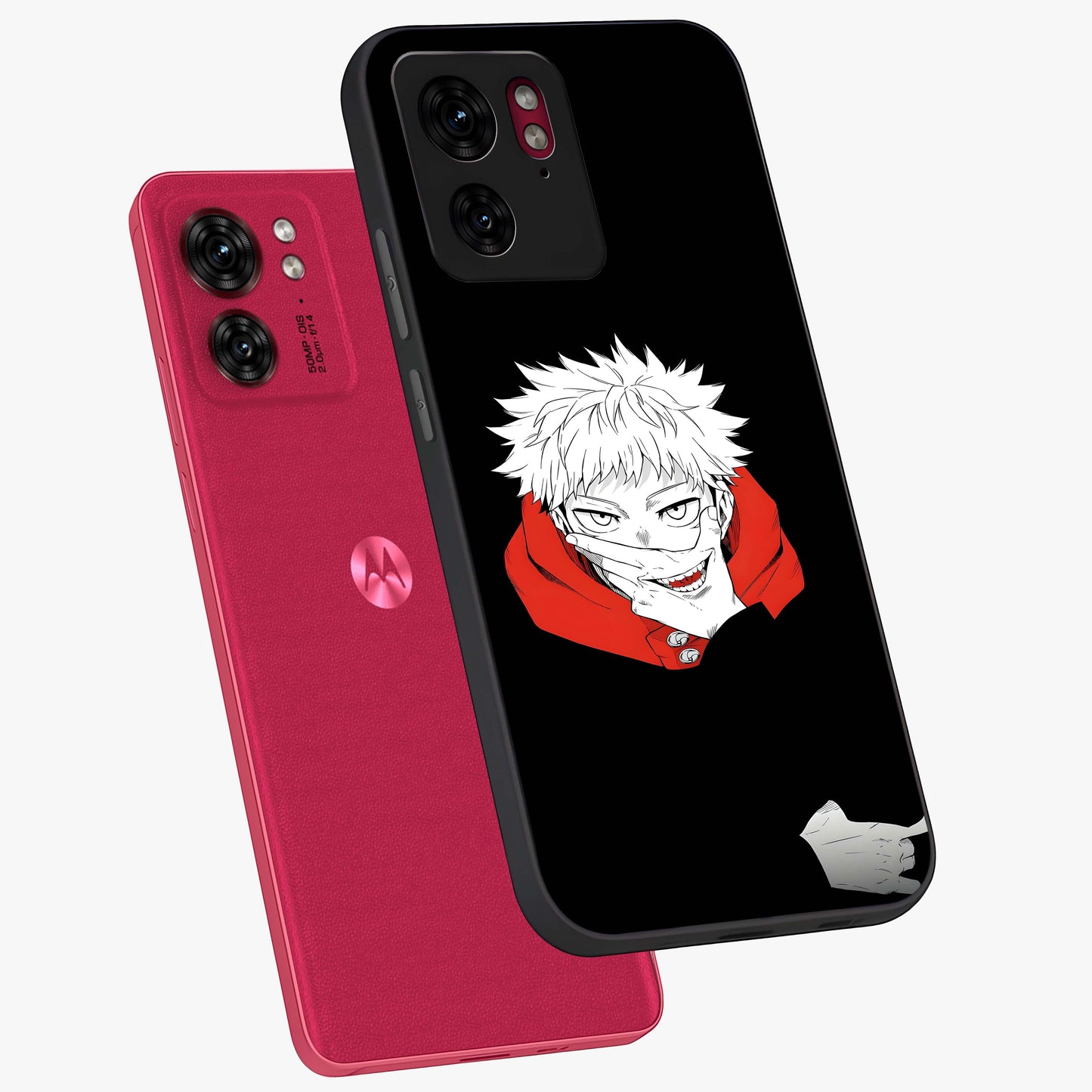 Crimson Chaos Smile Glass Case displayed in angled mockup highlighting edgy crimson smile design with graphic aesthetic.
