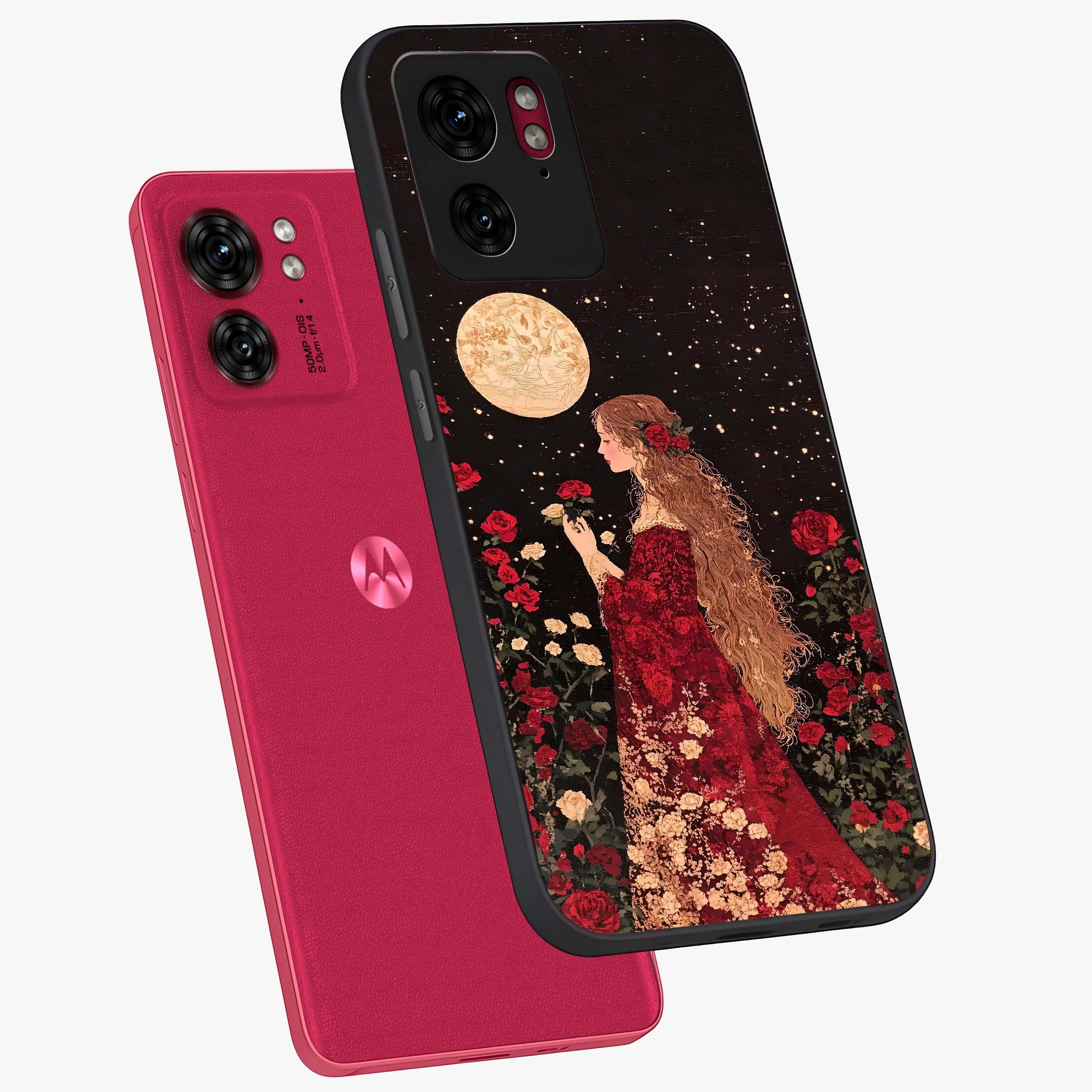 Crimson Dreams Glass Case displayed in angled mockup highlighting soft crimson aesthetic design with artistic theme.