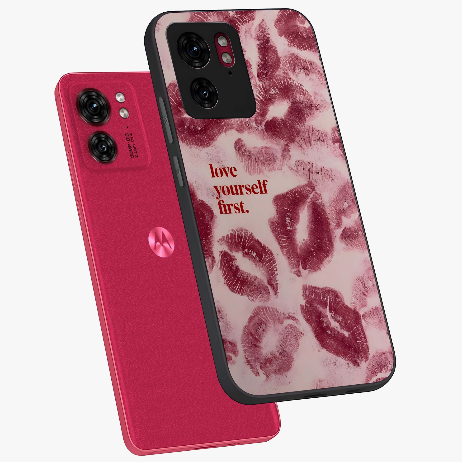 Crimson Kiss Love Glass Case displayed in angled mockup highlighting bold love inspired design with modern aesthetic style.