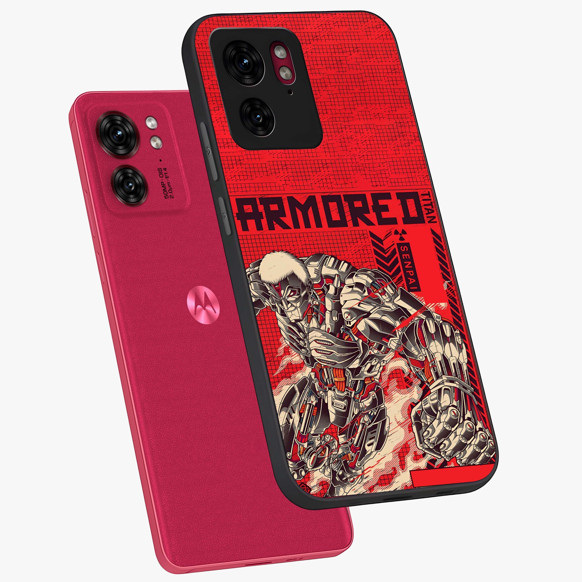 Crimson Mecha Titan Glass Case displayed in angled mockup highlighting futuristic mech illustration with bold crimson aesthetic.