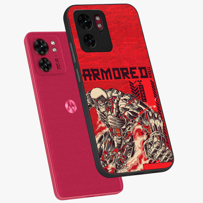 Crimson Mecha Titan Glass Case displayed in angled mockup highlighting futuristic mech illustration with bold crimson aesthetic.