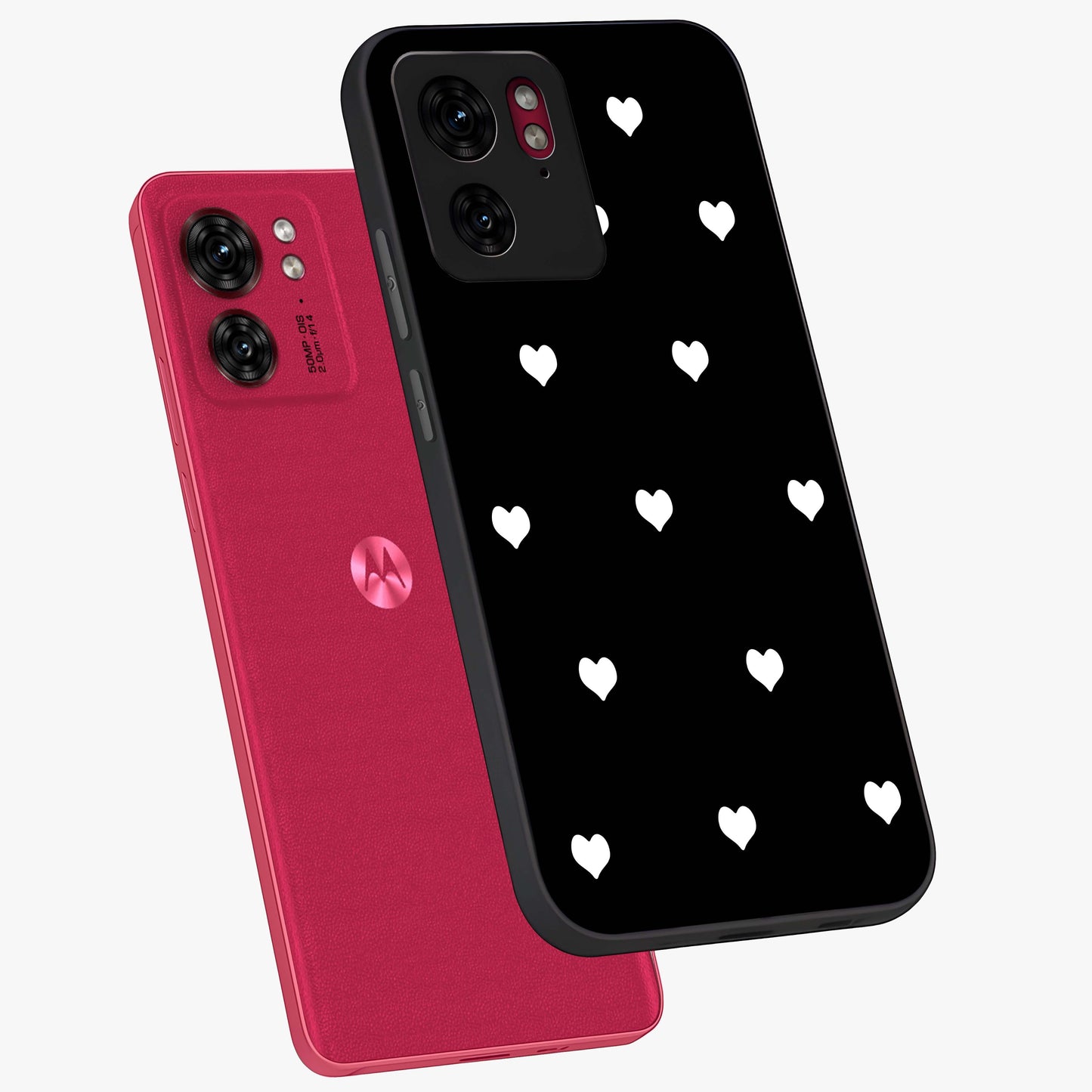 Cute And Simple White Hearts Glass Case displayed in angled mockup highlighting cute heart design with clean aesthetic style.