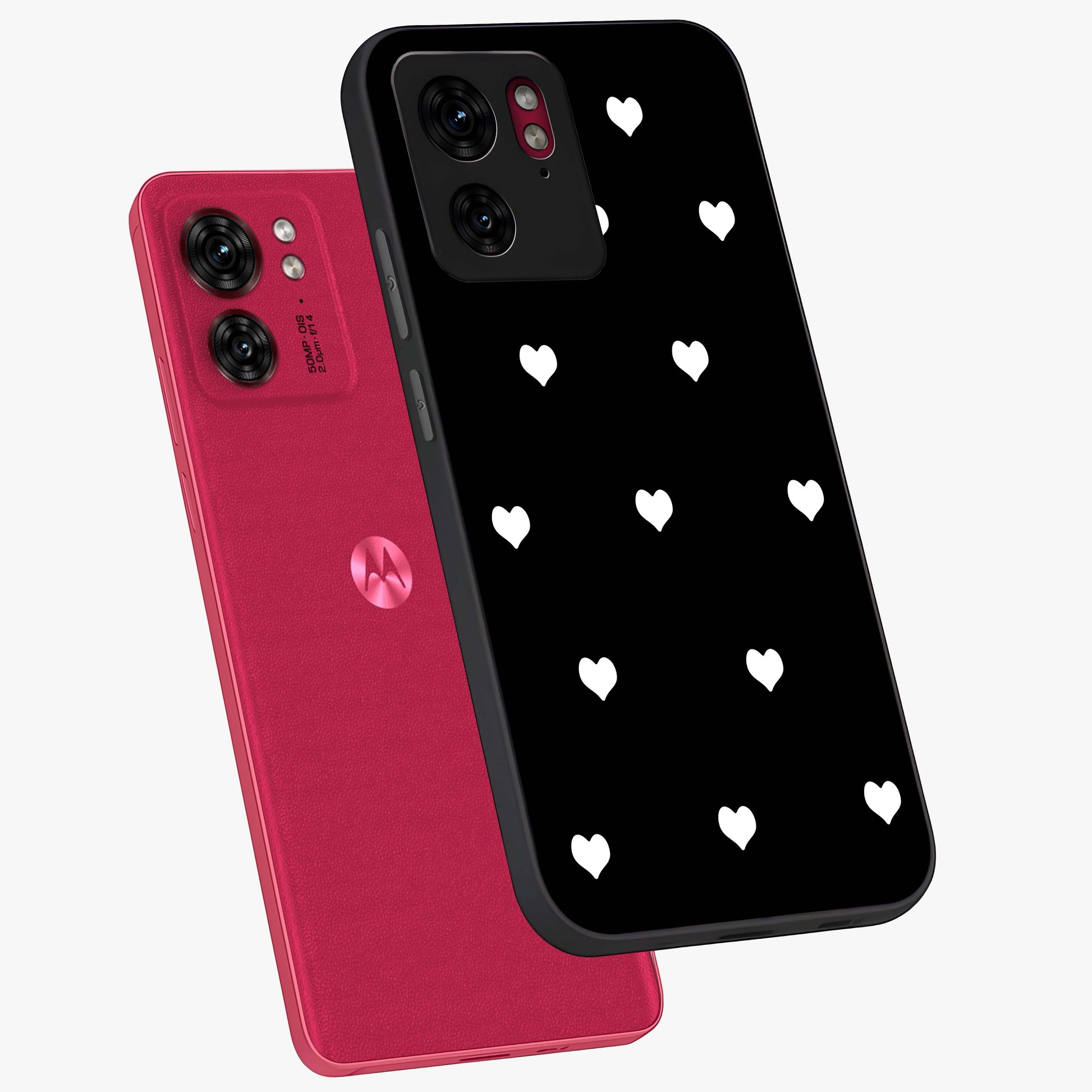 Cute And Simple White Hearts Glass Case displayed in angled mockup highlighting cute heart design with clean aesthetic style.