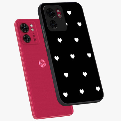 Cute And Simple White Hearts Glass Case displayed in angled mockup highlighting cute heart design with clean aesthetic style.
