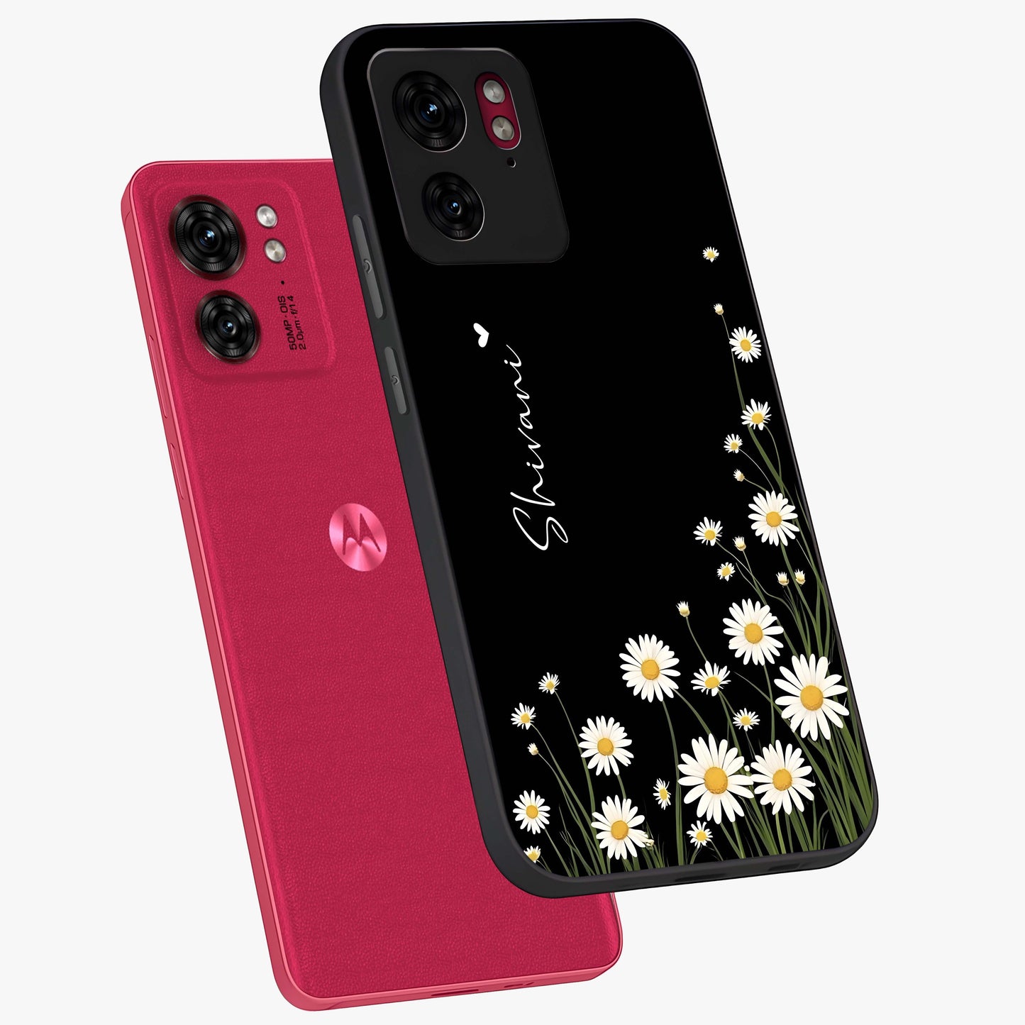 Daisy Cascade Custom Name Glass Case displayed in angled mockup highlighting delicate daisy artwork with custom name feature.
