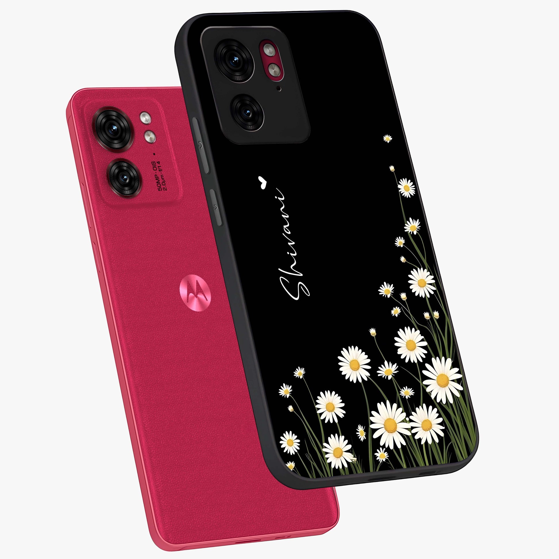 Daisy Cascade Custom Name Glass Case displayed in angled mockup highlighting delicate daisy artwork with custom name feature.