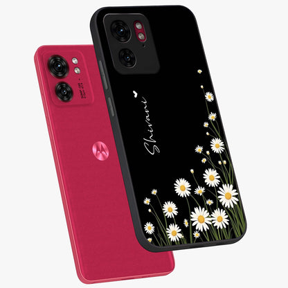 Daisy Cascade Custom Name Glass Case displayed in angled mockup highlighting delicate daisy artwork with custom name feature.