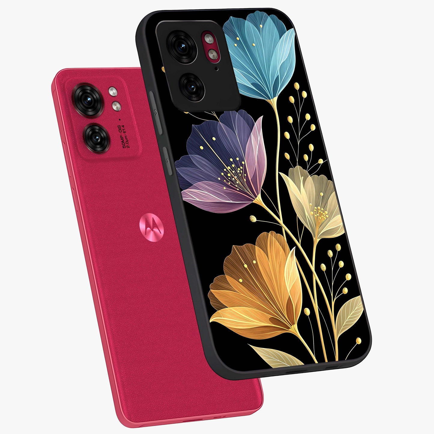 Delicate Multicolor Flowers Glass Case displayed in angled mockup highlighting colorful flower pattern with soft aesthetic style.