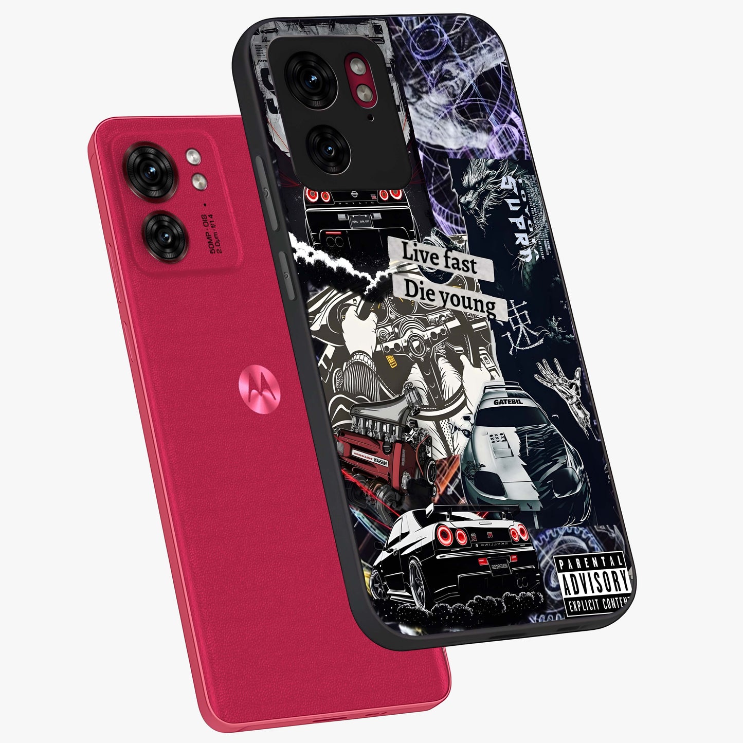 Die Young Glass Case displayed in angled mockup highlighting expressive graphic artwork with edgy aesthetic style.