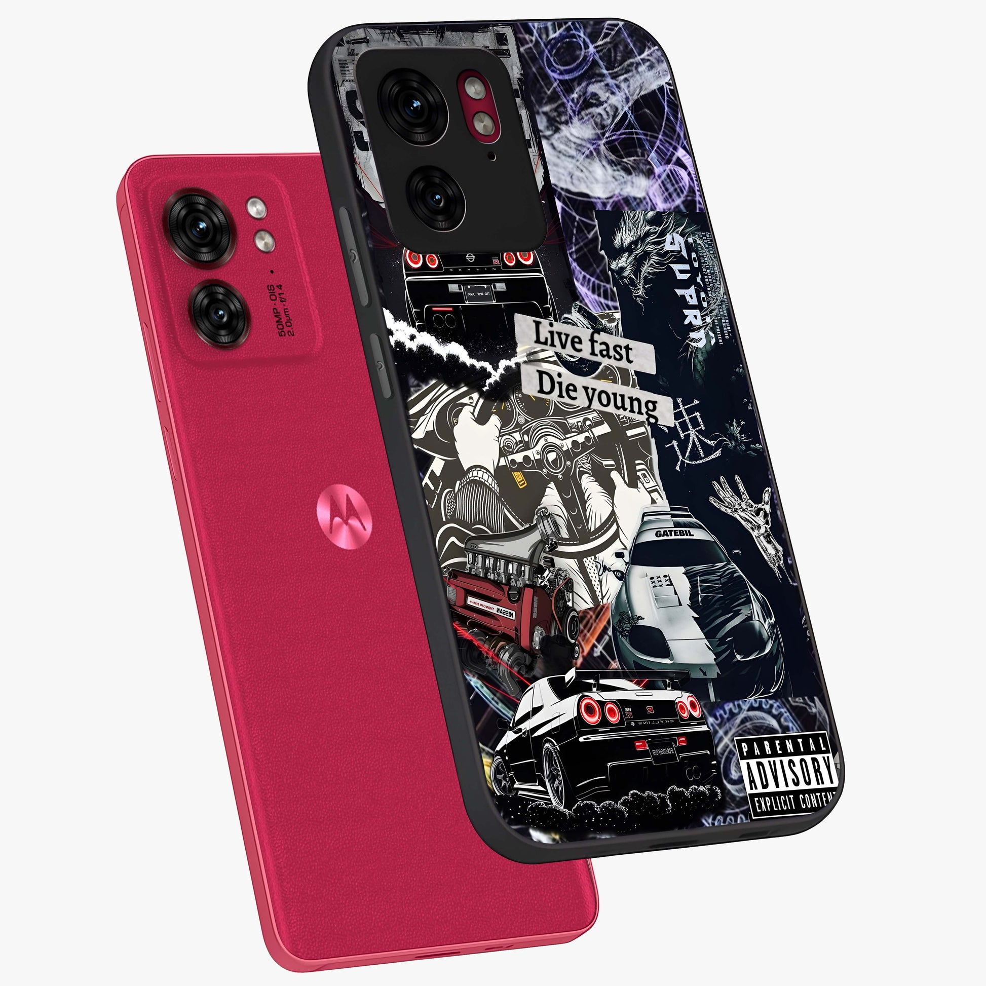 Die Young Glass Case displayed in angled mockup highlighting expressive graphic artwork with edgy aesthetic style.