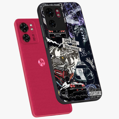 Die Young Glass Case displayed in angled mockup highlighting expressive graphic artwork with edgy aesthetic style.