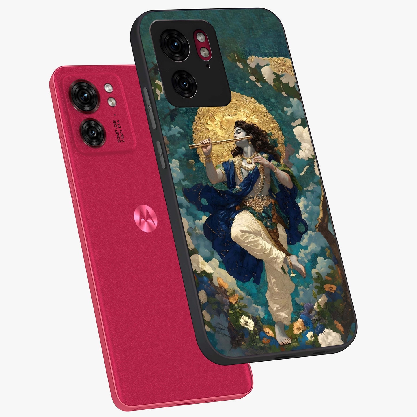 Divine Krishna Art Glass Case displayed in angled mockup highlighting spiritual Krishna illustration with devotional aesthetic.
