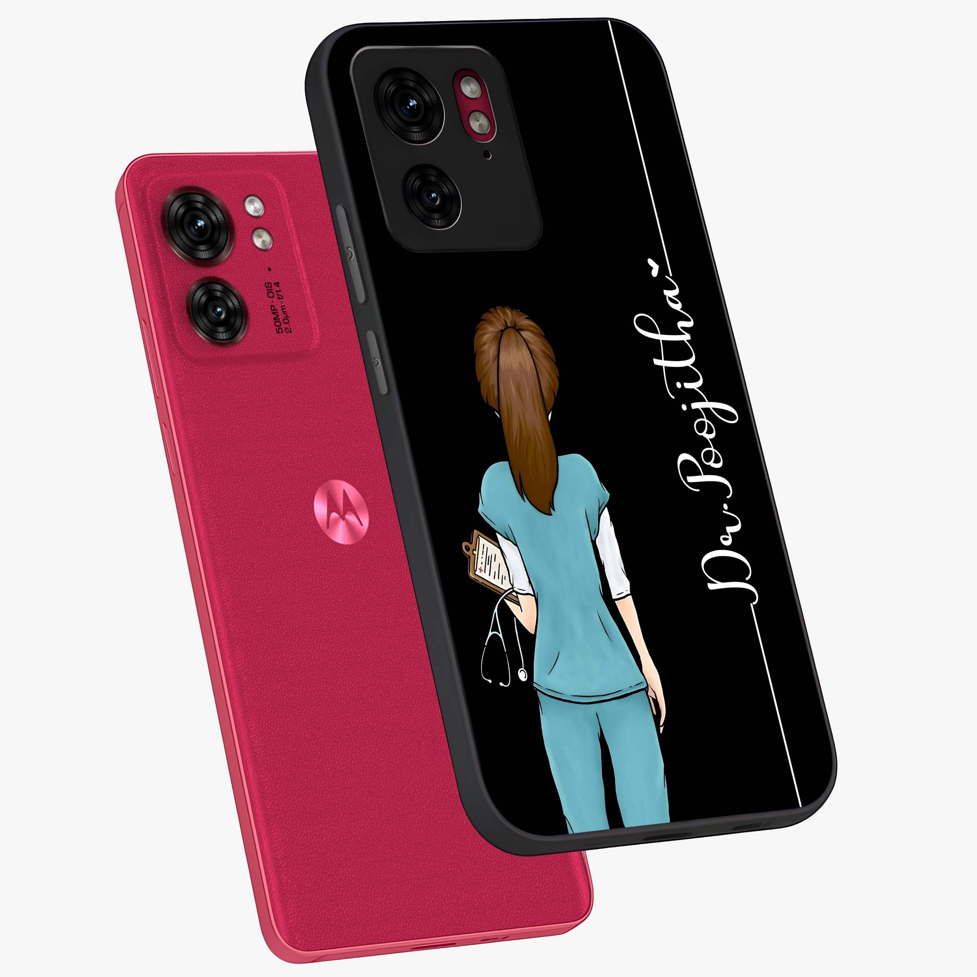 Doctor Pattern Custom Name Glass Case displayed in angled mockup highlighting doctor inspired artwork with custom name feature.