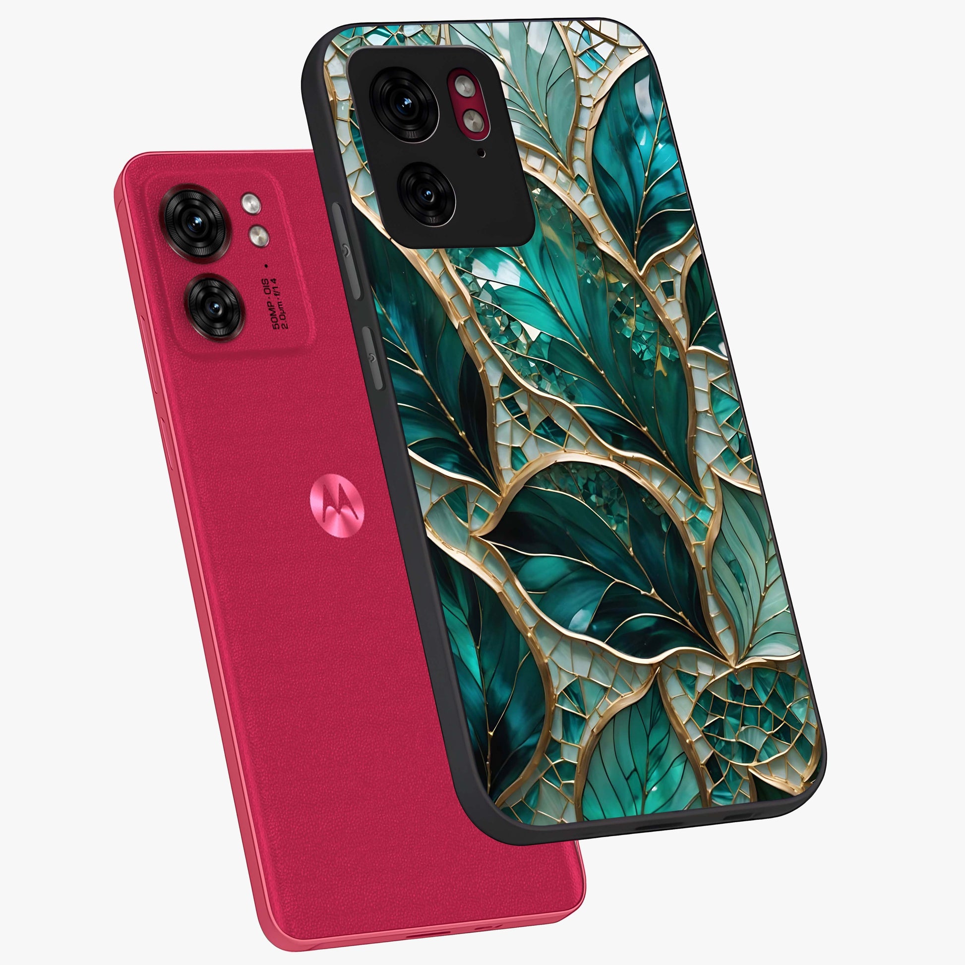 Emerald Leaf Glass Glass Case displayed in angled mockup highlighting botanical leaf illustration with elegant natural aesthetic.