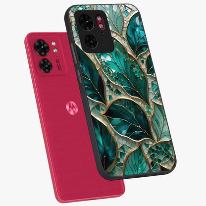 Emerald Leaf Glass Glass Case displayed in angled mockup highlighting botanical leaf illustration with elegant natural aesthetic.