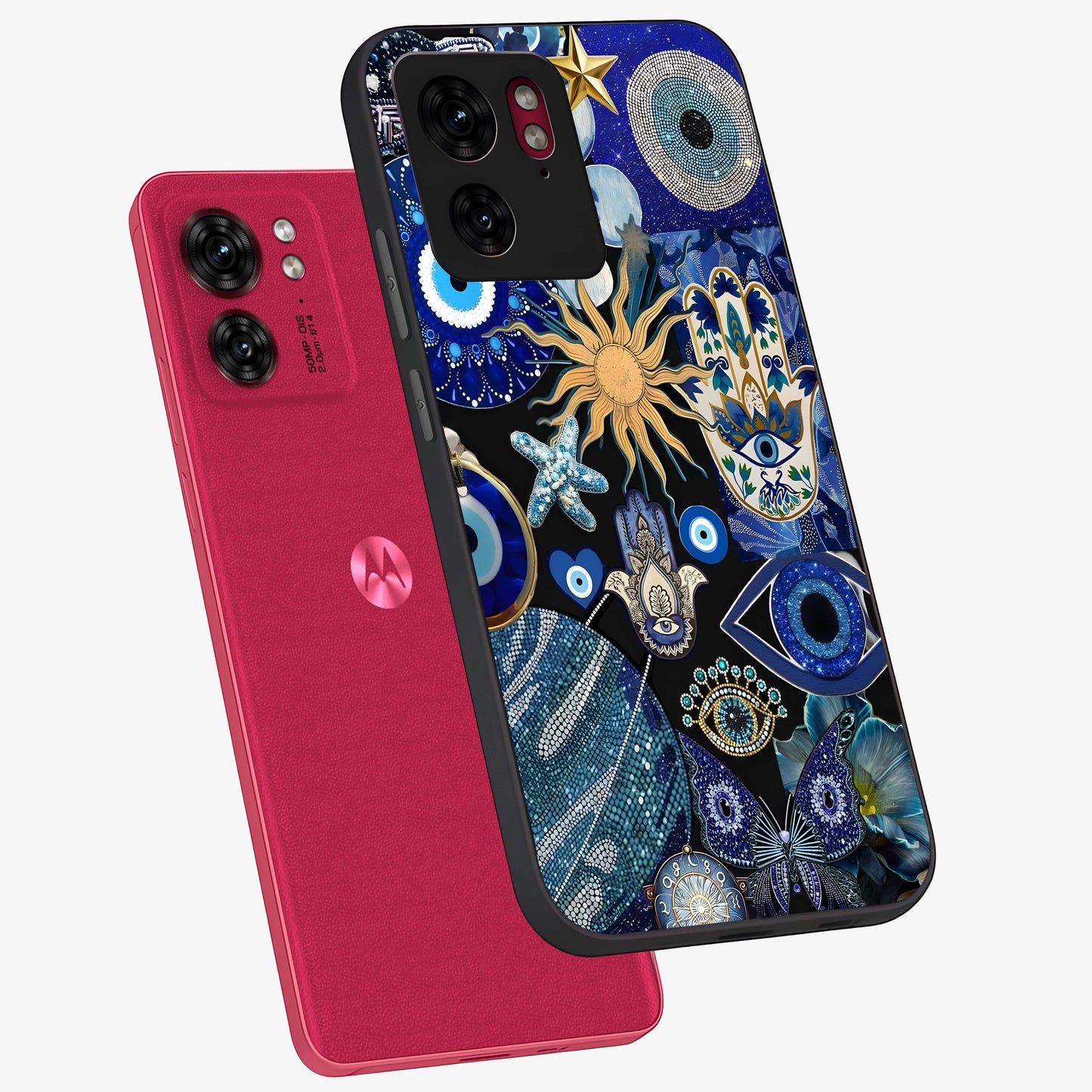 Evil Eye Charm Mix Glass Case displayed in angled mockup highlighting protective evil eye symbols with spiritual aesthetic design.