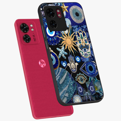 Evil Eye Charm Mix Glass Case displayed in angled mockup highlighting protective evil eye symbols with spiritual aesthetic design.