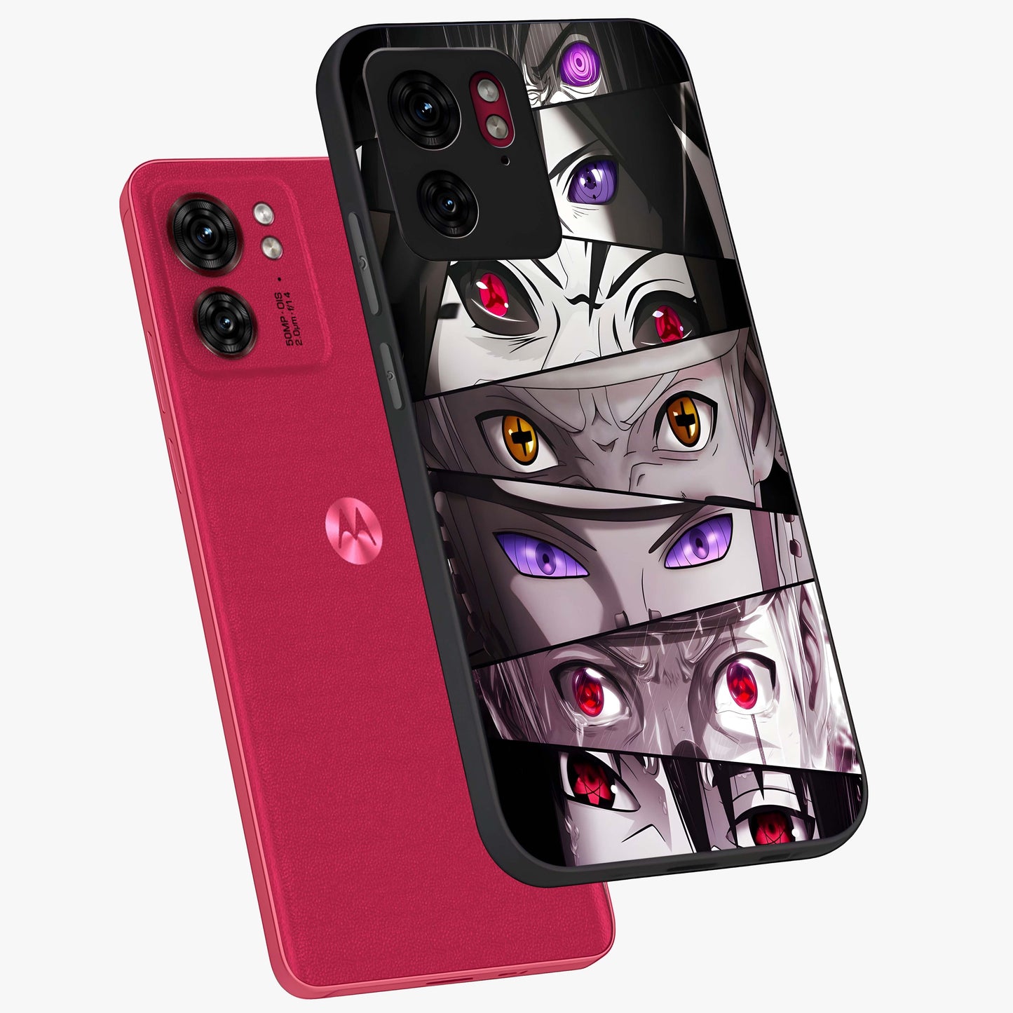 Eyes of Destiny Glass Case displayed in angled mockup highlighting bold eye illustration with mystical aesthetic style.