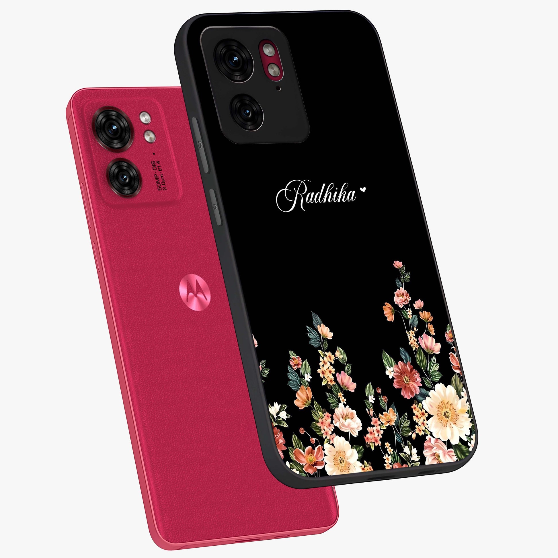 Floral Design With a Custom Personalized Name Glass Case displayed in angled mockup highlighting elegant floral pattern with custom name feature.