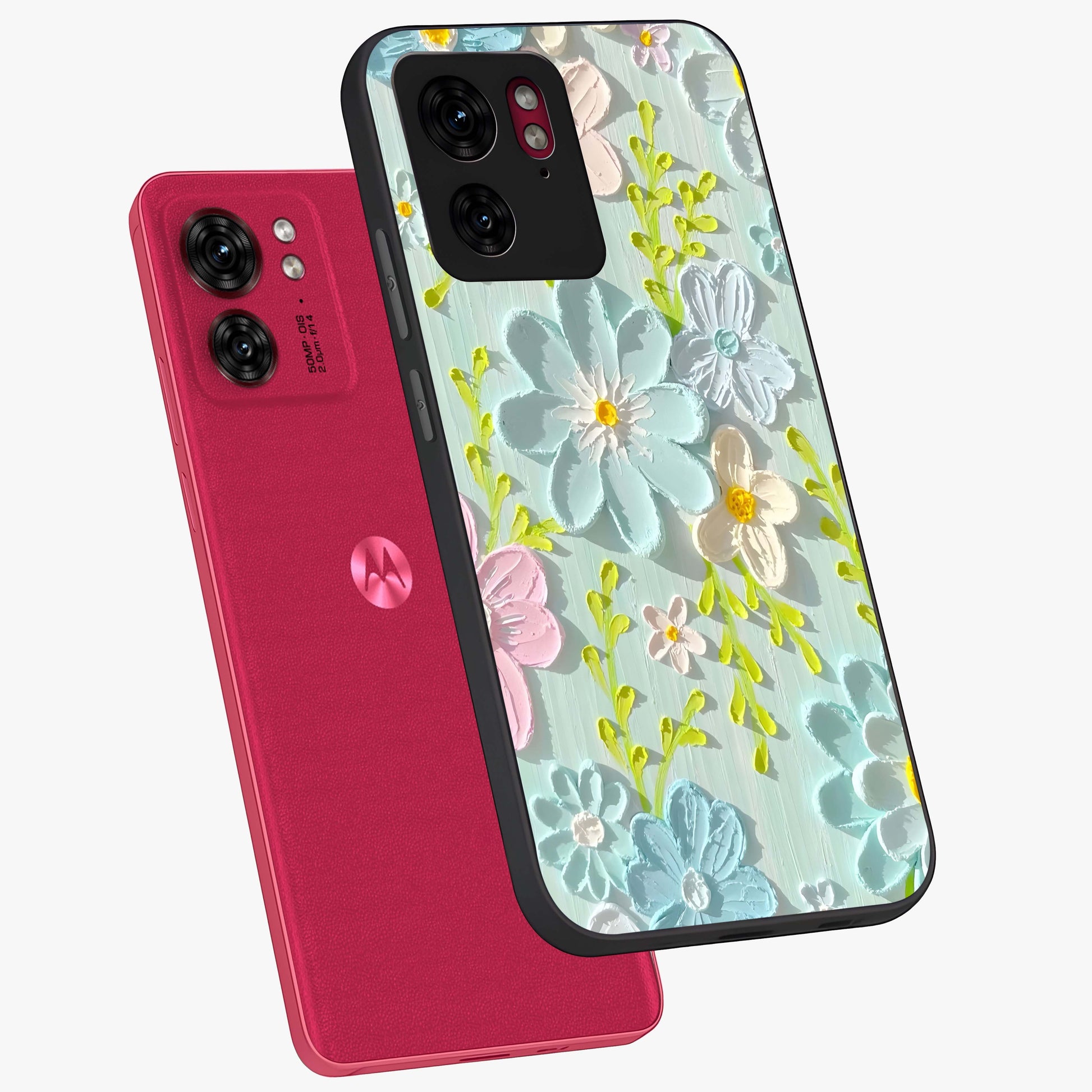 Frosted Petal Garden Glass Case displayed in angled mockup highlighting delicate flower petal design with calm garden aesthetic.