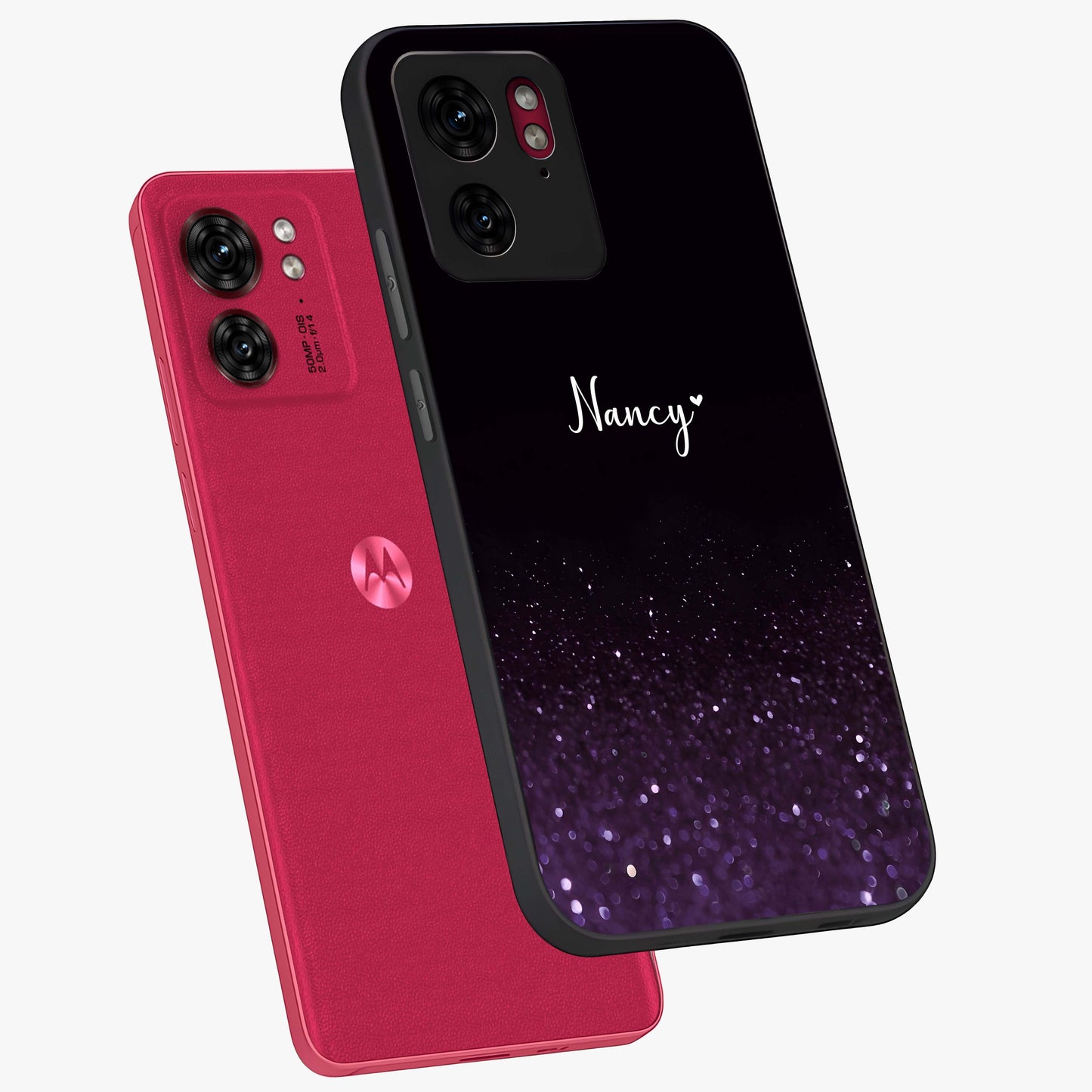Glittery Purple Bokeh Custom Name Glass Case displayed in angled mockup highlighting glitter bokeh pattern with custom name feature.