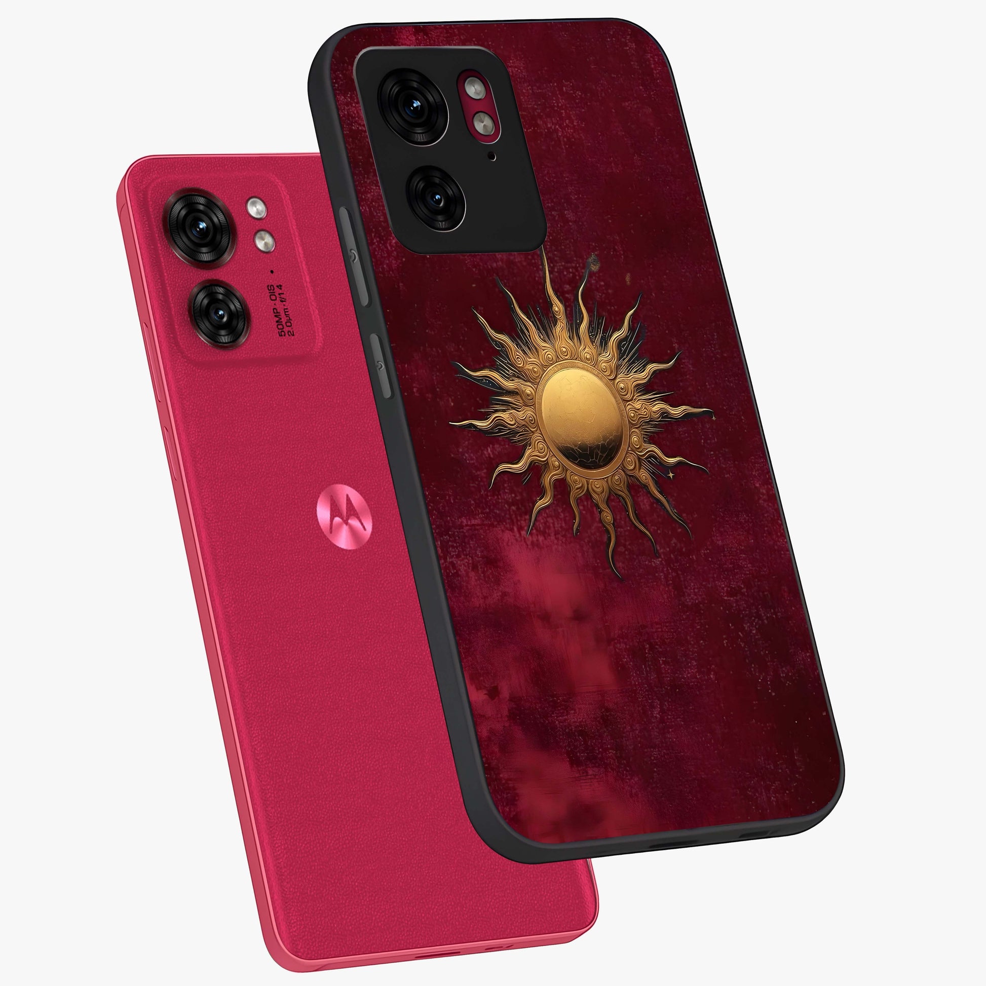 Golden Sun Minimalism Glass Case displayed in angled mockup highlighting clean sun symbol design with modern minimal aesthetic.