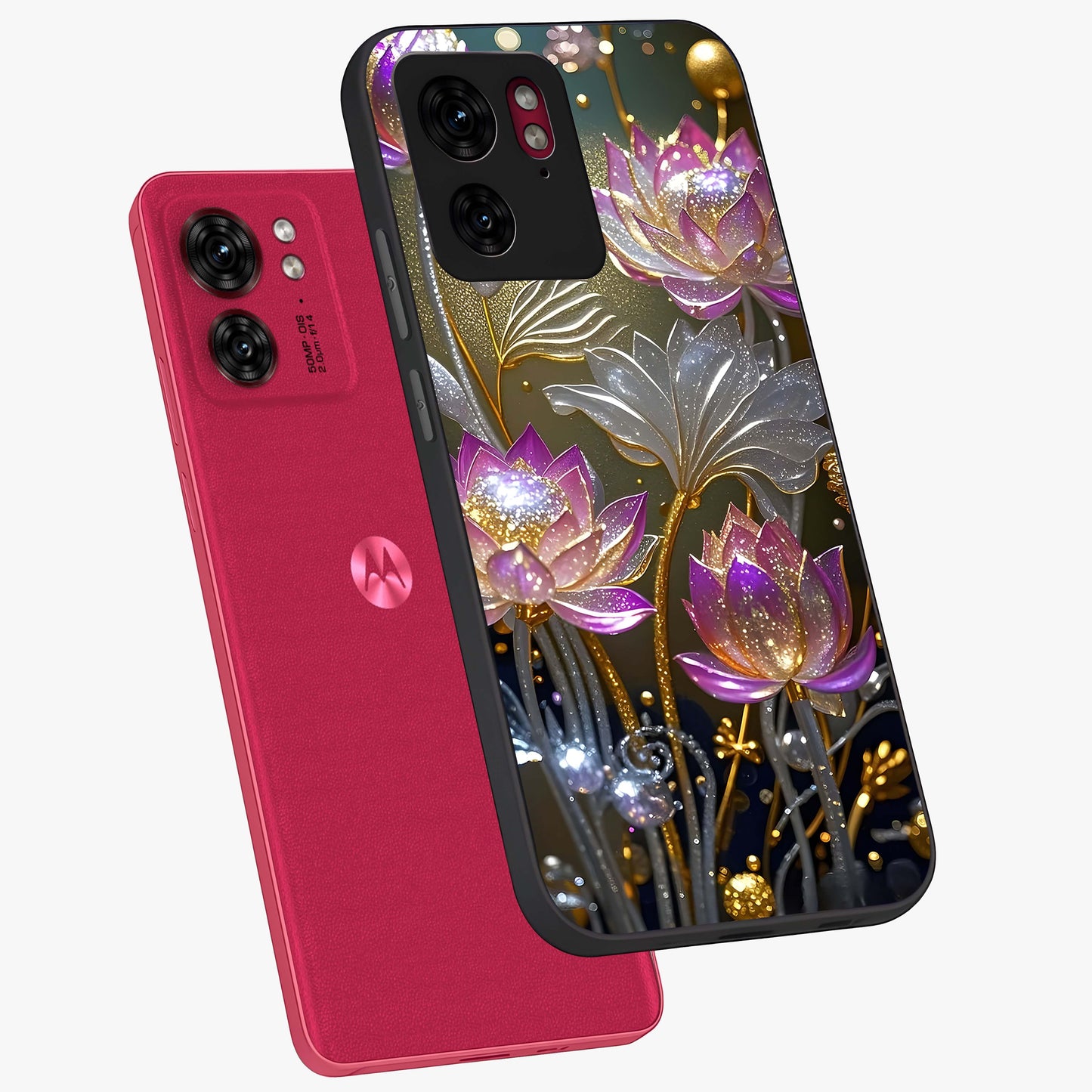 Golden Floral Majesty Glass Case displayed in angled mockup highlighting elegant flower design with royal golden aesthetic.