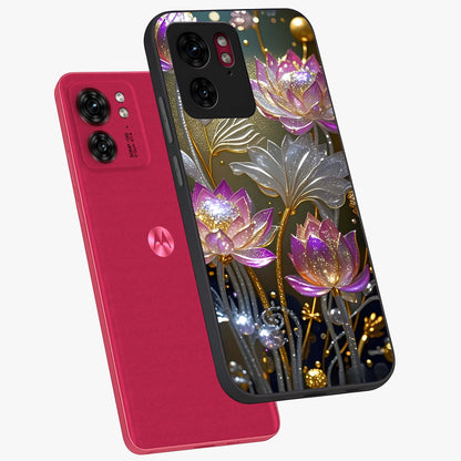Golden Floral Majesty Glass Case displayed in angled mockup highlighting elegant flower design with royal golden aesthetic.