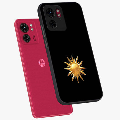 Golden Sun Minimalism Glass Case displayed in angled mockup highlighting eerie shadow illustration with gothic aesthetic.