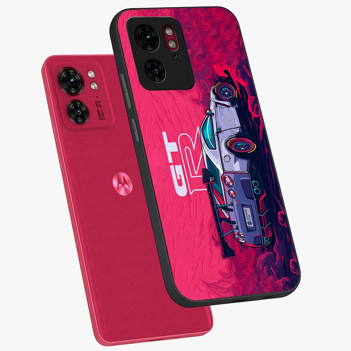 GT-R Car Pattern Glass Case displayed in angled mockup highlighting racing car graphic design with bold automotive aesthetic.