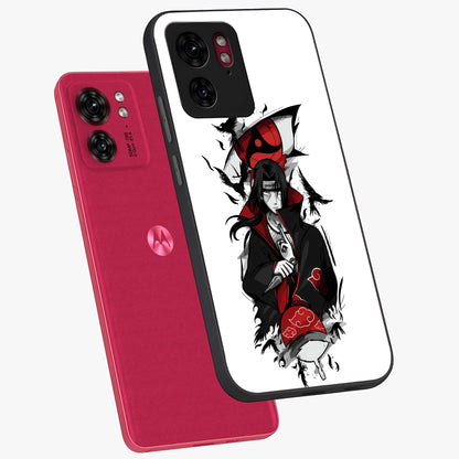Itachi Limited Edition Naruto Anime Glass Case displayed in angled mockup highlighting dramatic anime illustration with bold action aesthetic.