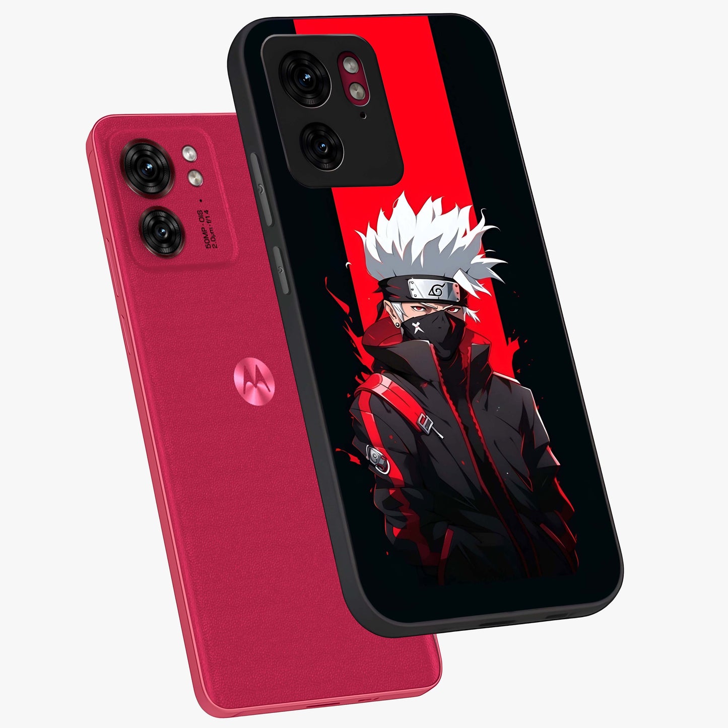 Kakashi Scarlet Shadow Glass Case displayed in angled mockup highlighting dramatic ninja illustration with scarlet themed aesthetic.