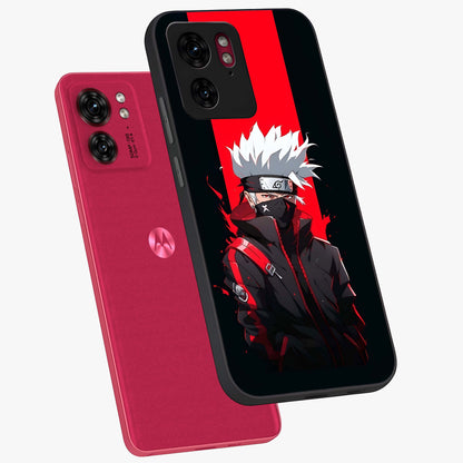 Kakashi Scarlet Shadow Glass Case displayed in angled mockup highlighting dramatic ninja illustration with scarlet themed aesthetic.