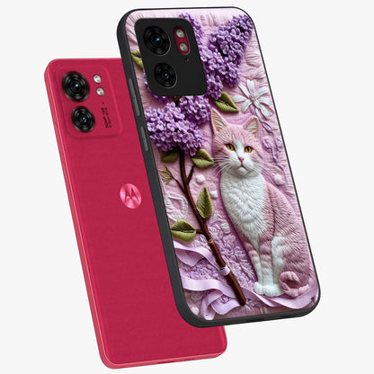 Lavender Cat Whimsy Glass Case displayed in angled mockup highlighting playful feline illustration with pastel lavender aesthetic.