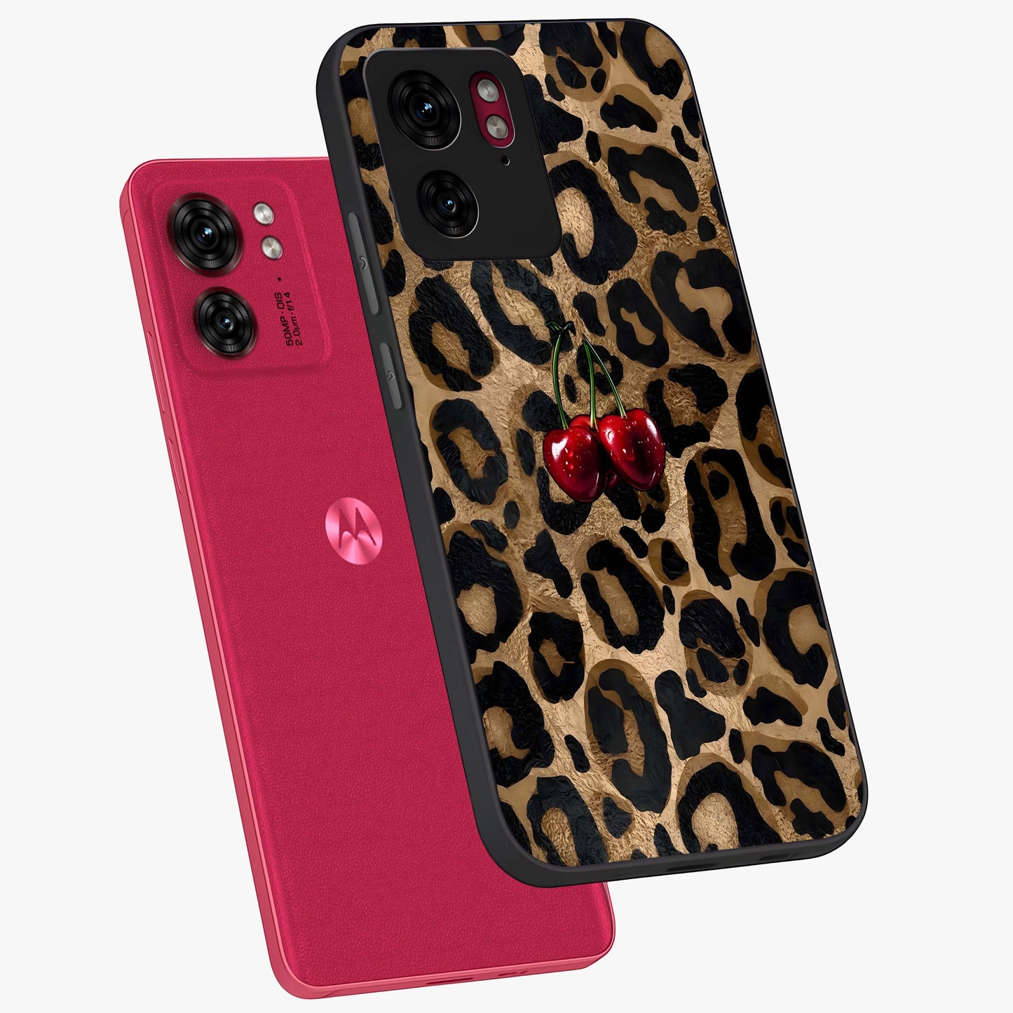 Leopard Wild Cherry Glass Case displayed in angled mockup highlighting bold animal print design with playful cherry aesthetic.