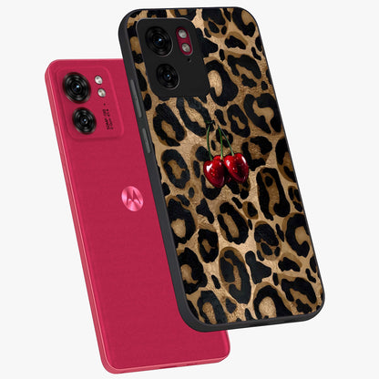 Leopard Wild Cherry Glass Case displayed in angled mockup highlighting bold animal print design with playful cherry aesthetic.