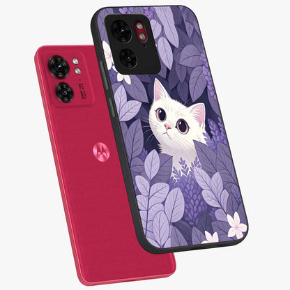 Lilac Hide Peek Cat Glass Case displayed in angled mockup highlighting playful feline illustration with lilac aesthetic design.
