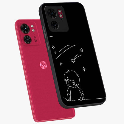 Line Art Boy With Shooting Stars Glass Case displayed in angled mockup highlighting elegant line art design with dreamy star aesthetic.
