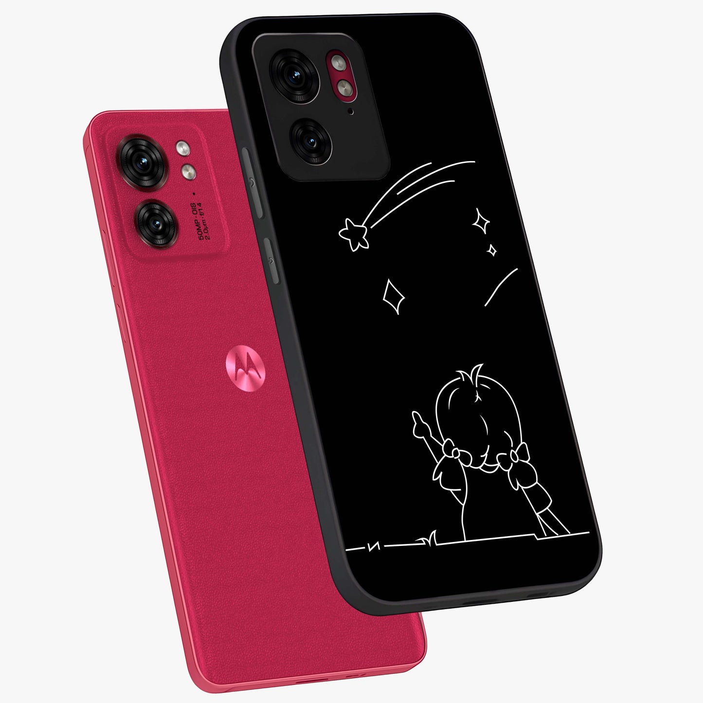 Line Art Girl With Shooting Stars Glass Case displayed in angled mockup highlighting elegant line art design with dreamy star aesthetic.