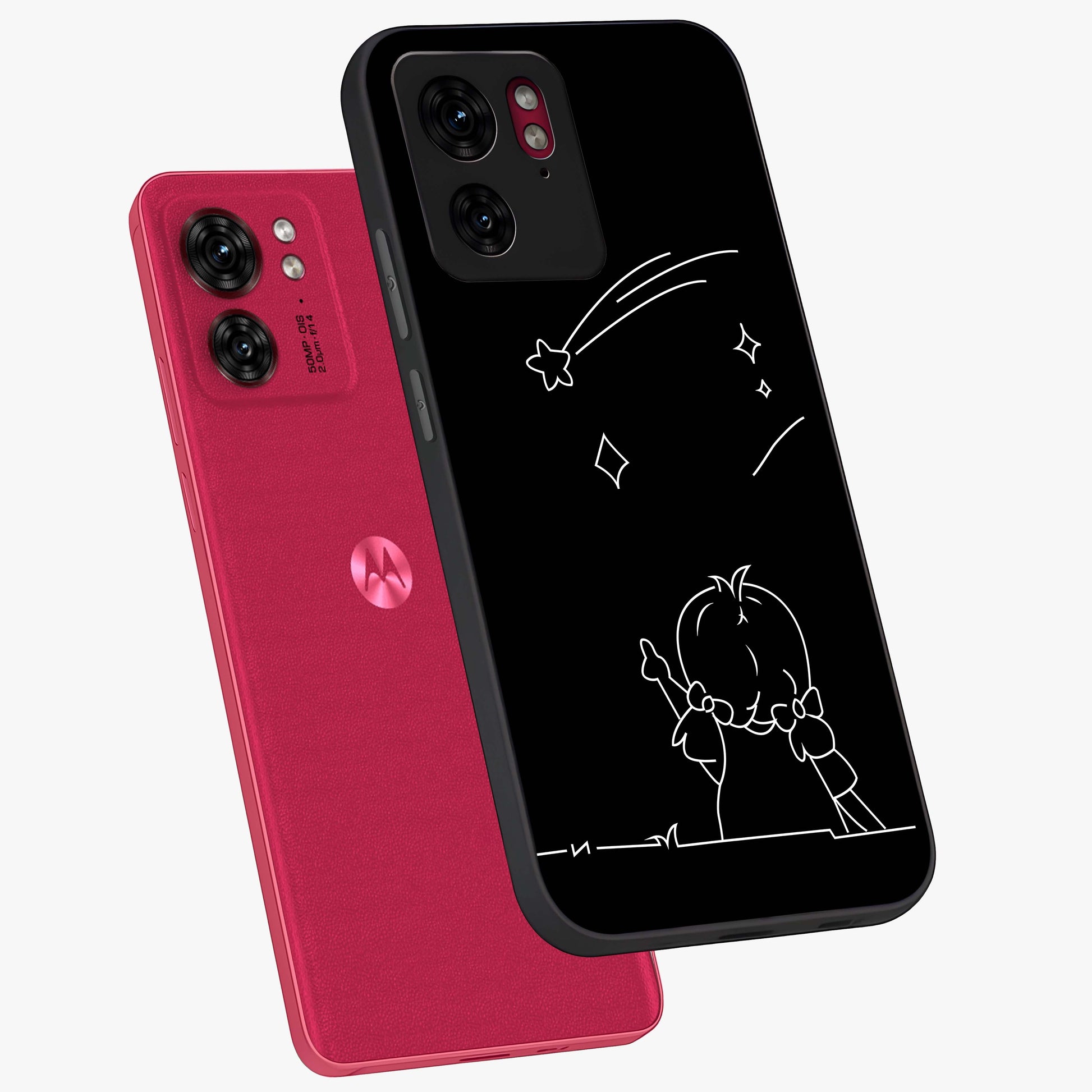 Line Art Girl With Shooting Stars Glass Case displayed in angled mockup highlighting elegant line art design with dreamy star aesthetic.