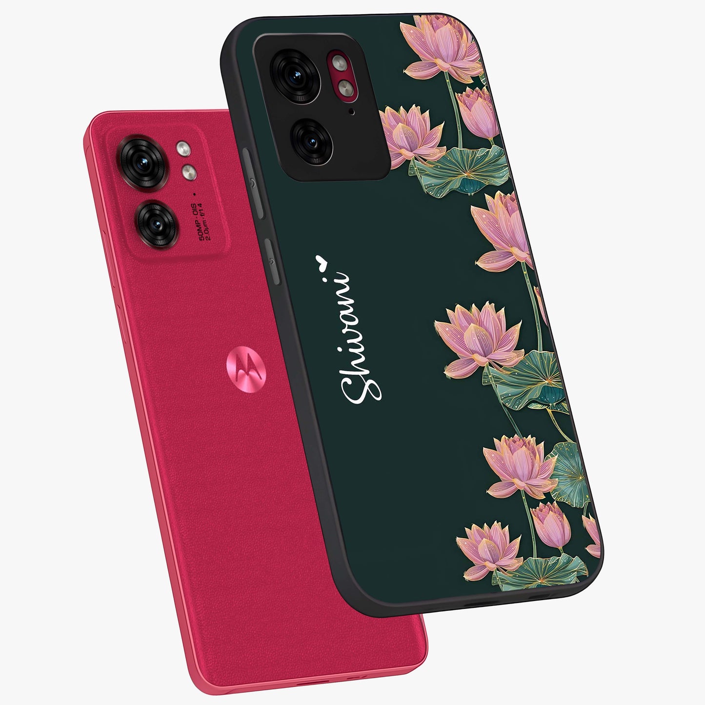 Lotus Bloom Serenity Custom Name Glass Case displayed in angled mockup highlighting graceful lotus illustration with custom name feature.
