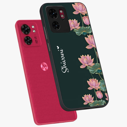 Lotus Bloom Serenity Custom Name Glass Case displayed in angled mockup highlighting graceful lotus illustration with custom name feature.