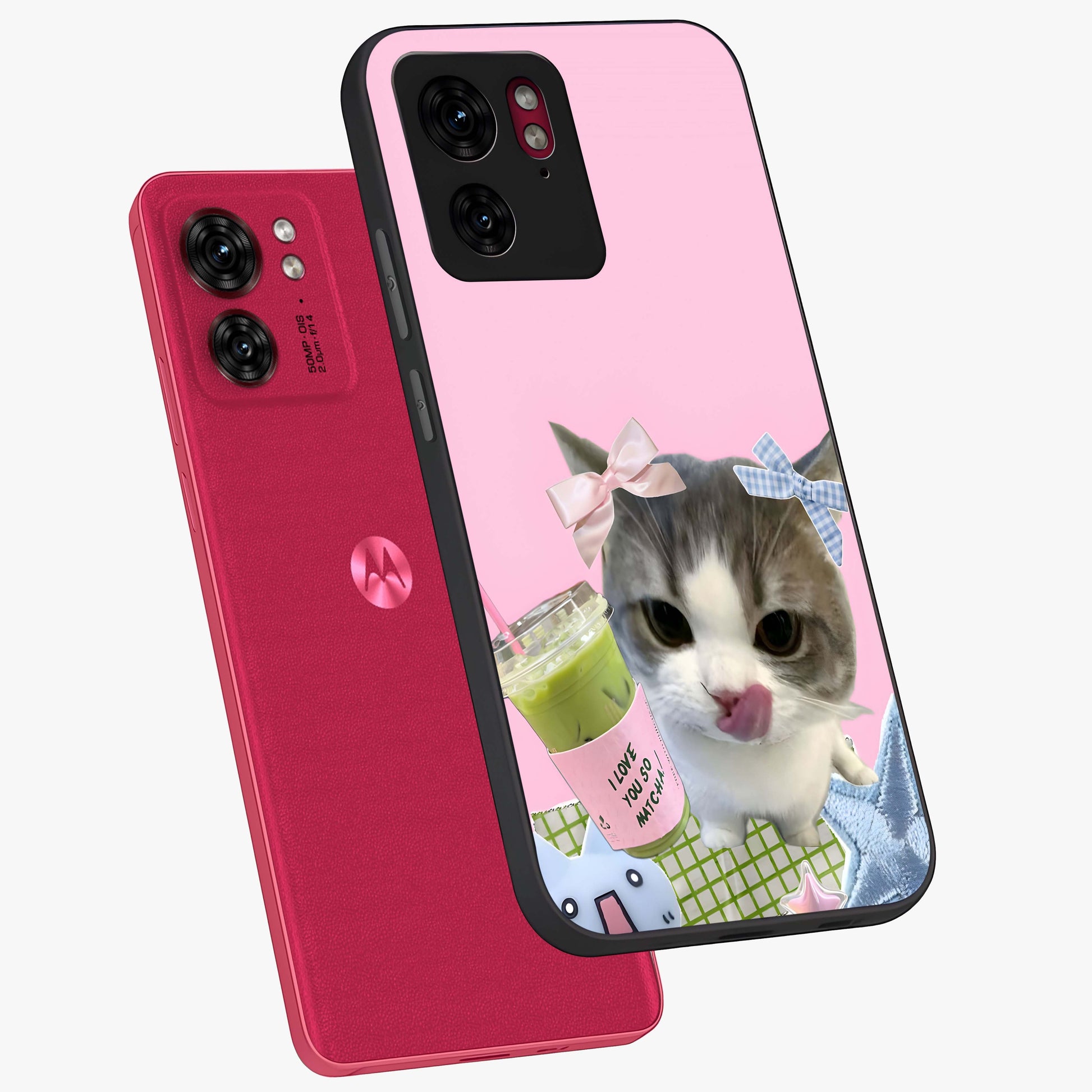 Love Matcha Cat Glass Case displayed in angled mockup highlighting playful feline illustration with cozy matcha aesthetic.