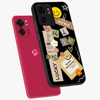 Lucky Aesthetic Collage Glass Case displayed in angled mockup highlighting stylish collage pattern with modern aesthetic vibe.
