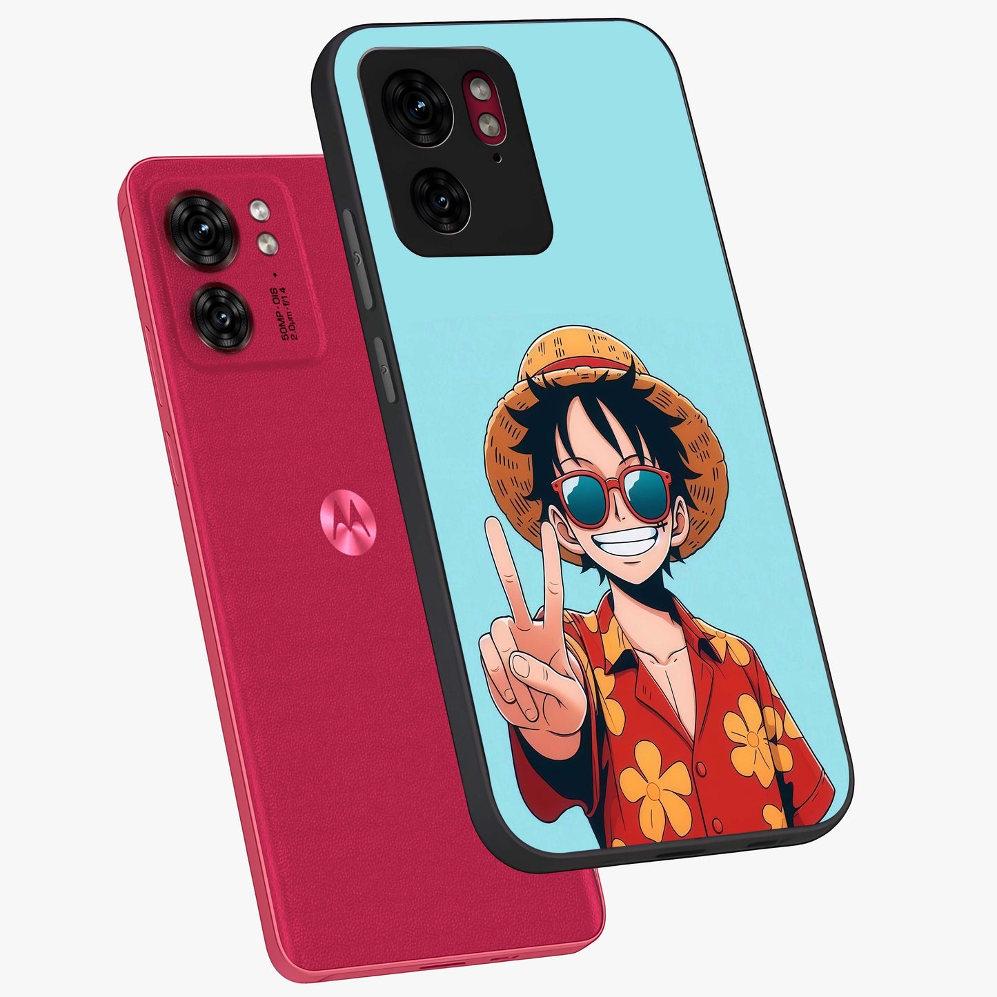 Luffy Summer Anime Vibe Glass Case displayed in angled mockup highlighting energetic anime illustration with summer vibe aesthetic.