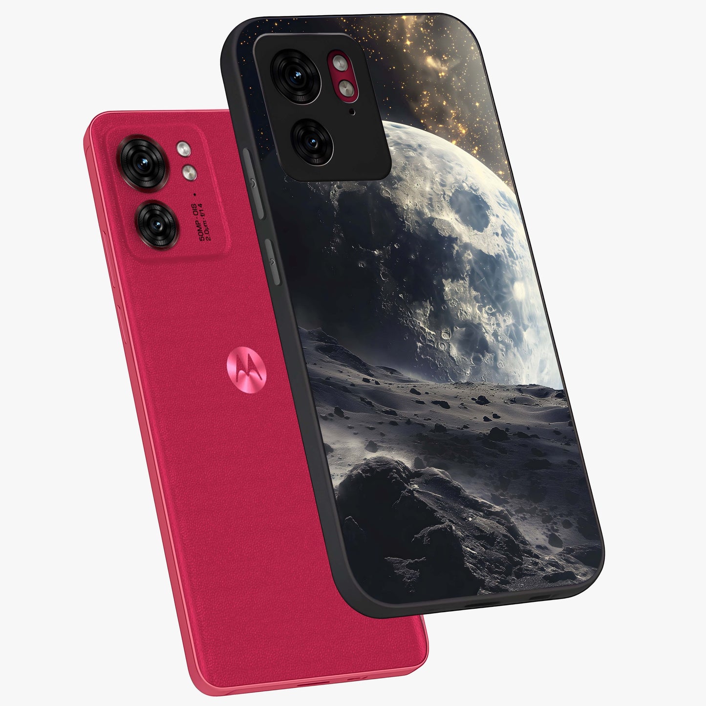 Lunar Horizon Glow Glass Case displayed in angled mockup highlighting celestial moon design with dreamy night aesthetic.