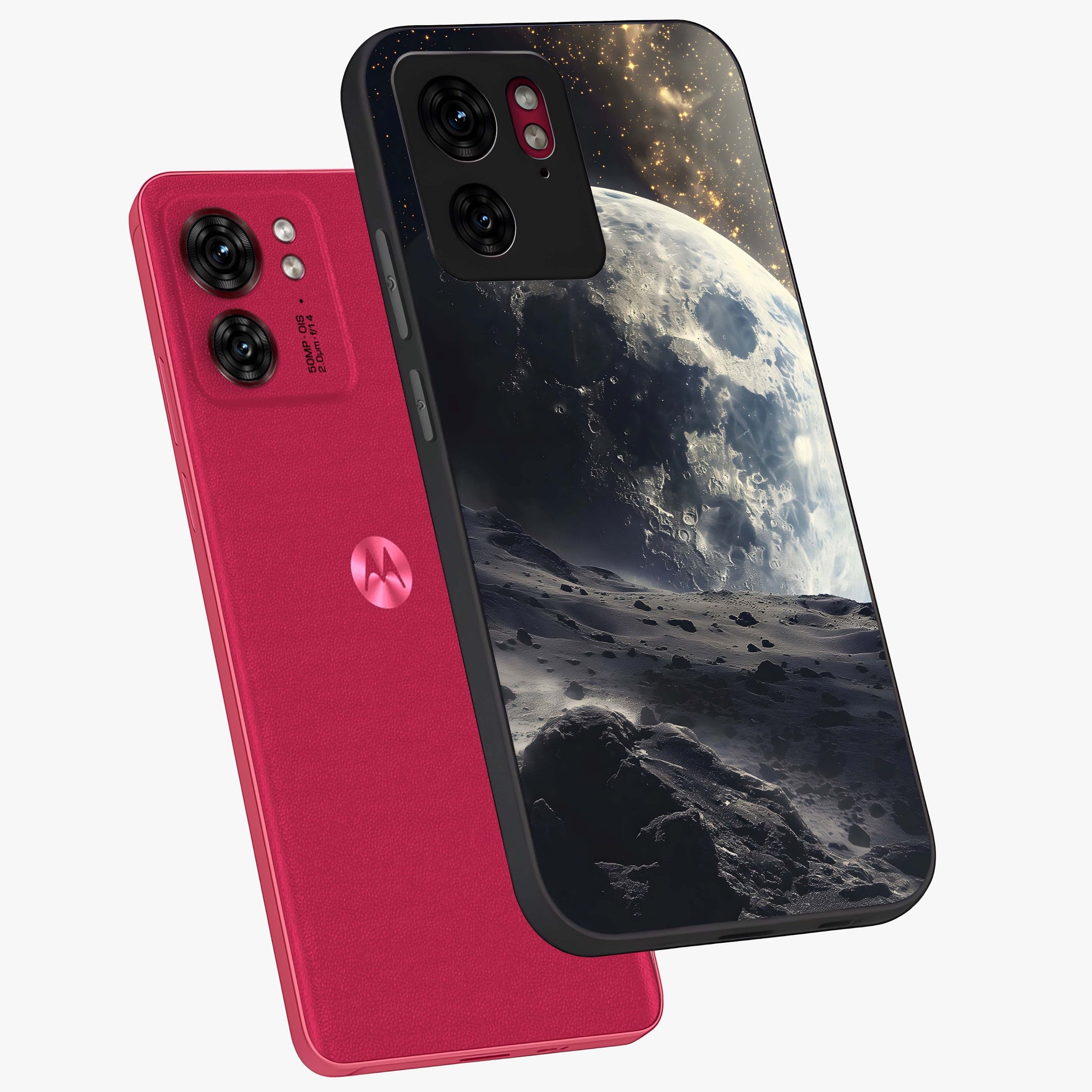 Lunar Horizon Glow Glass Case displayed in angled mockup highlighting celestial moon design with dreamy night aesthetic.