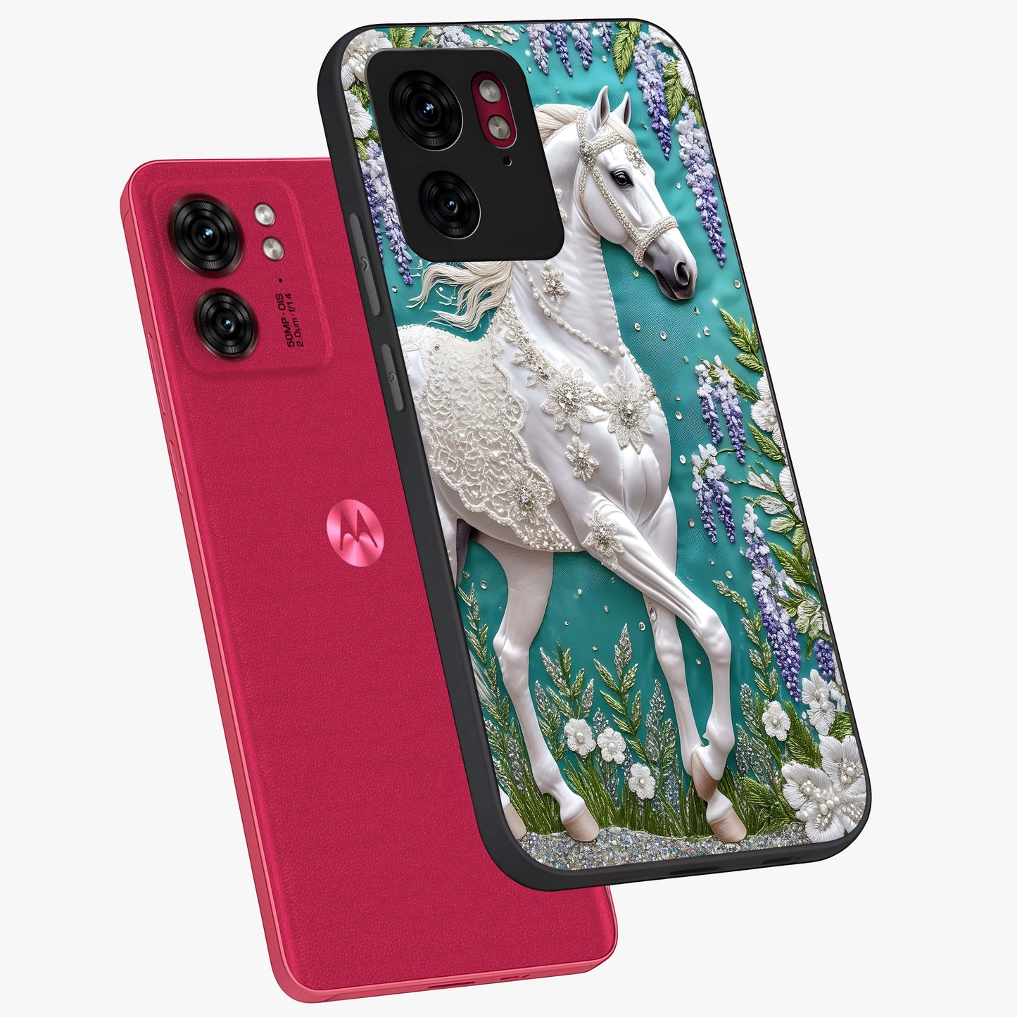 Majestic Floral Stallion Glass Case displayed in angled mockup highlighting majestic stallion illustration with elegant floral aesthetic.