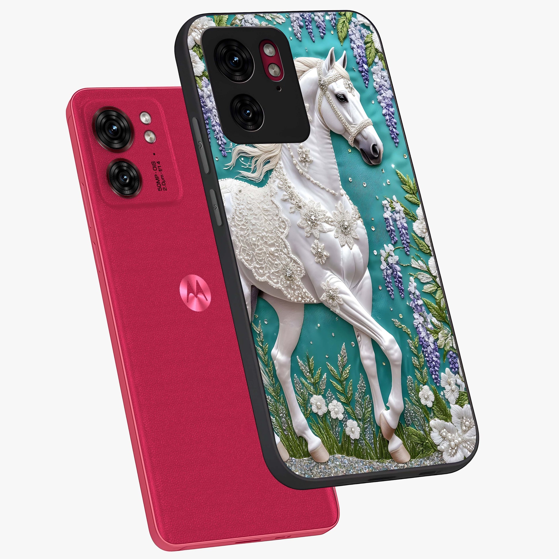 Majestic Floral Stallion Glass Case displayed in angled mockup highlighting majestic stallion illustration with elegant floral aesthetic.