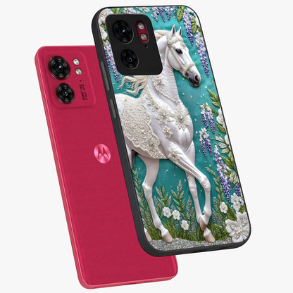 Majestic Floral Stallion Glass Case displayed in angled mockup highlighting majestic stallion illustration with elegant floral aesthetic.